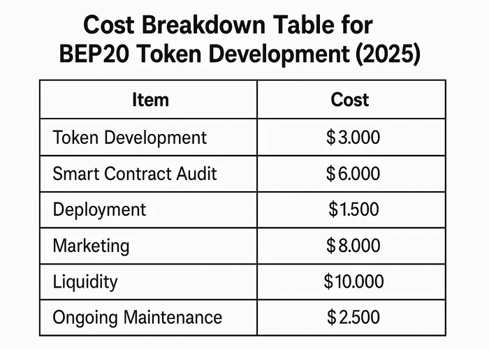 Cost Breakdown Table for BEP20 Token Development (2025)